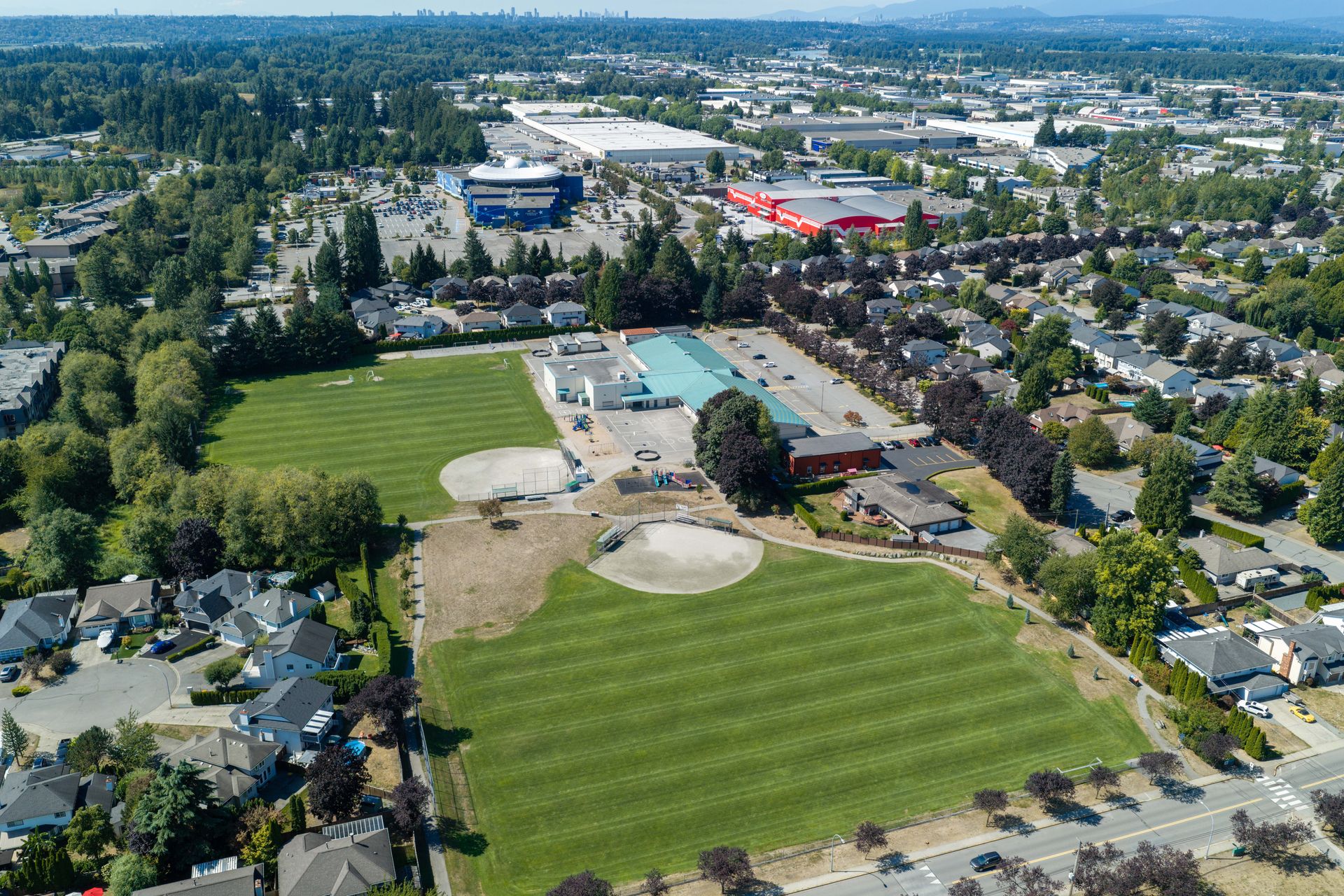 Drone view of the school and park nearby