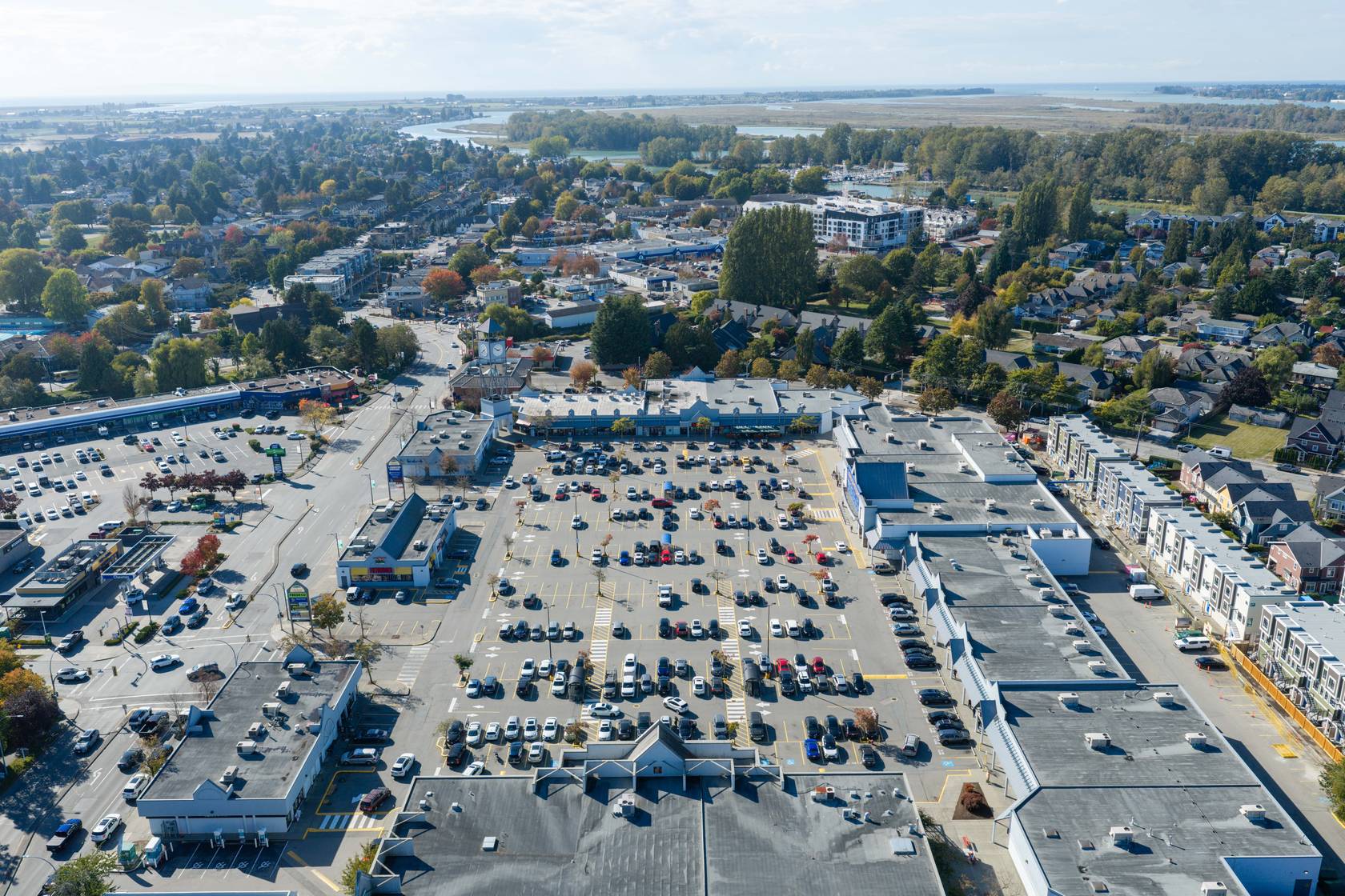 Aerial view over Ladner and nearby shopping
