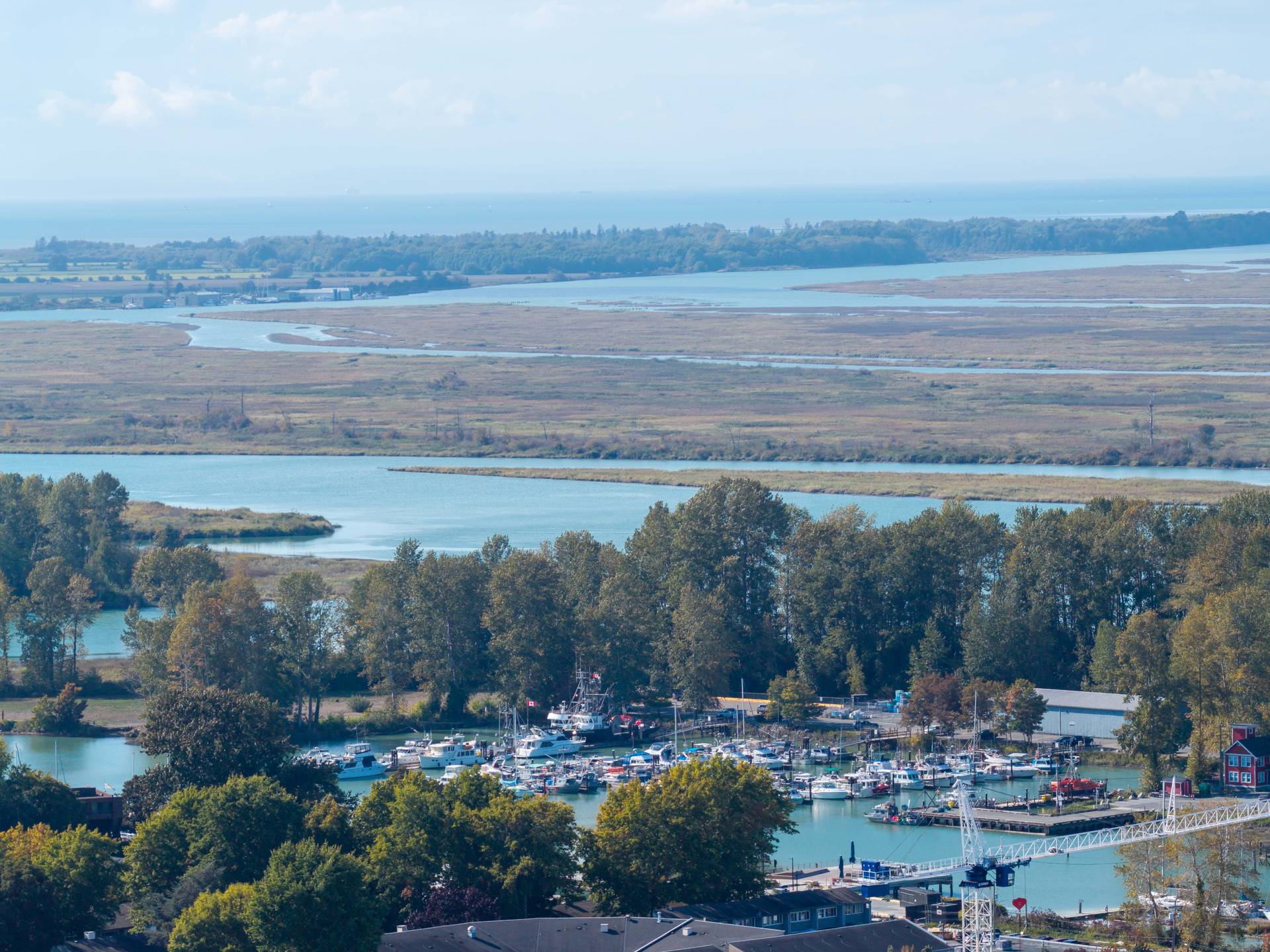 Aerial view toward the river and the water