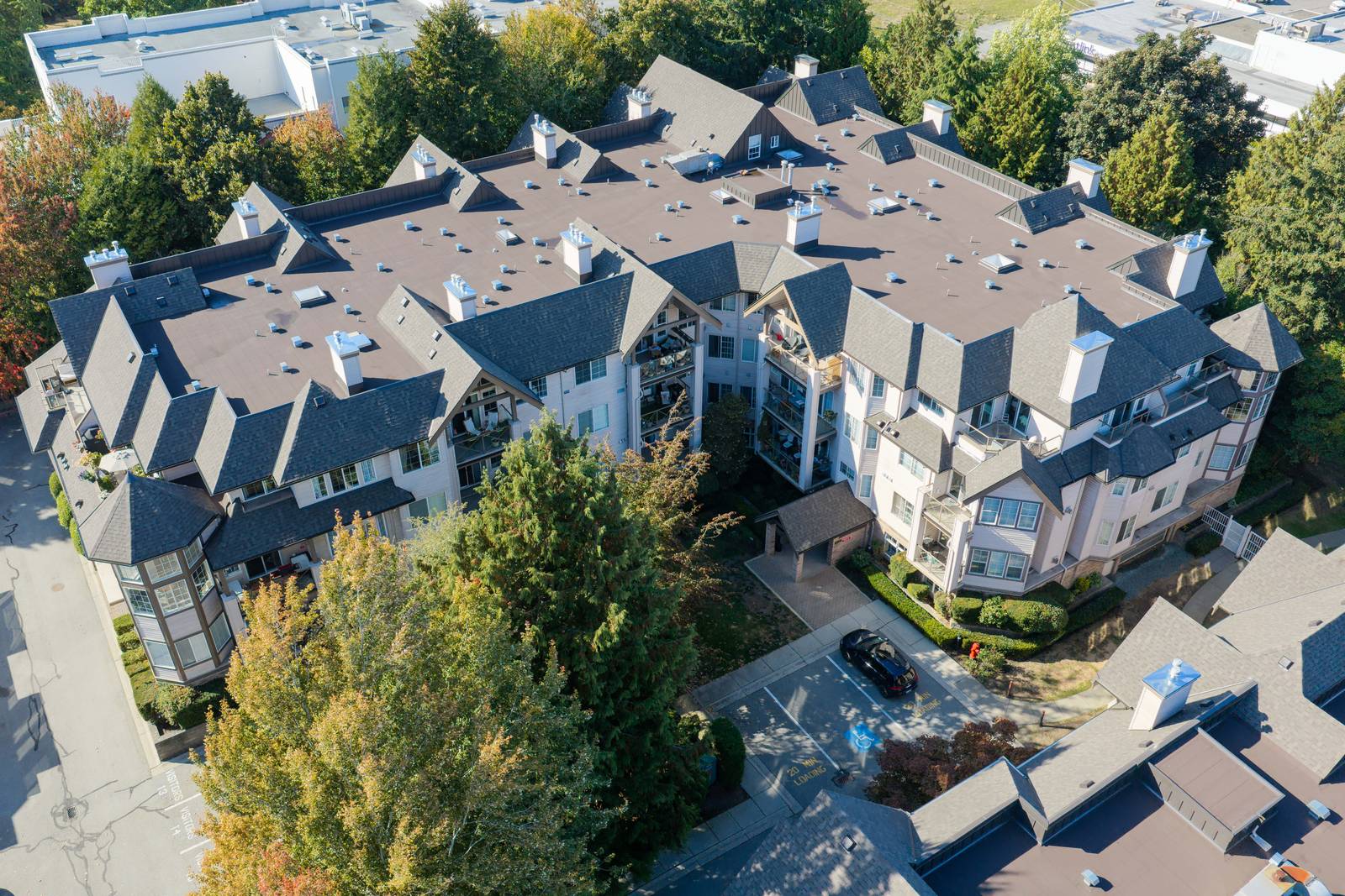 Aerial view of the building and its courtyard