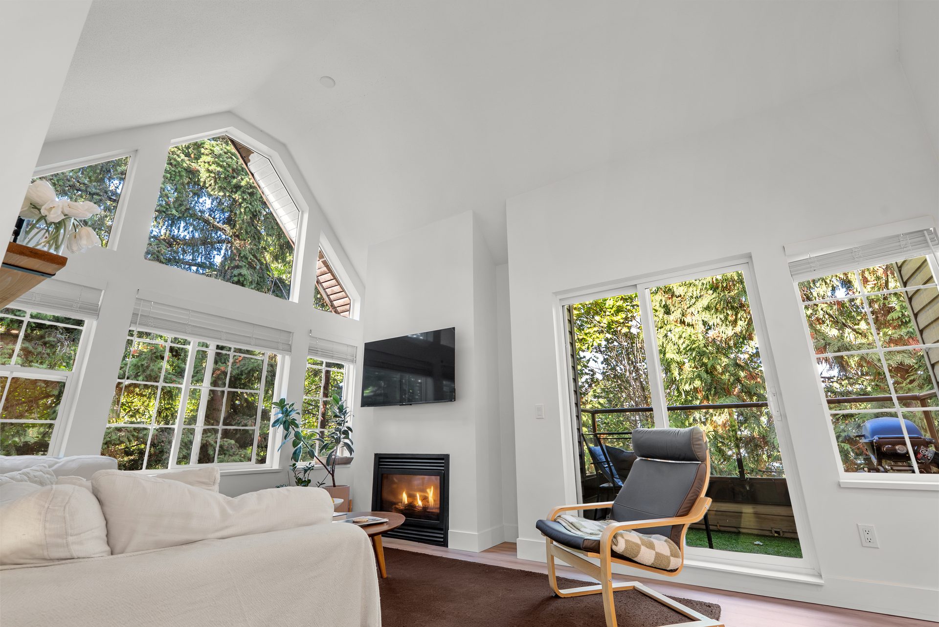 Living room windows and fireplace